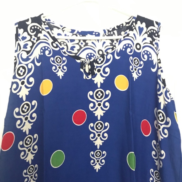 NWOT Patterned Polka Dot Dress L Sleeveless Pocket Round Collar Front Ribbon - Picture 3 of 6